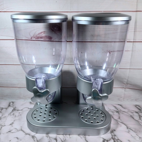 Double Cereal Dispenser Dry Food Storage Container Silver Plastic Kitchen - Picture 1 of 6